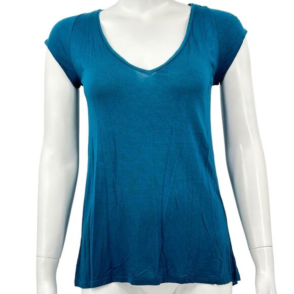 Deletta Anthropologie Top Womens XS Shimmerwing Back Cutouts Teal Stretch V-Neck - Picture 1 of 9